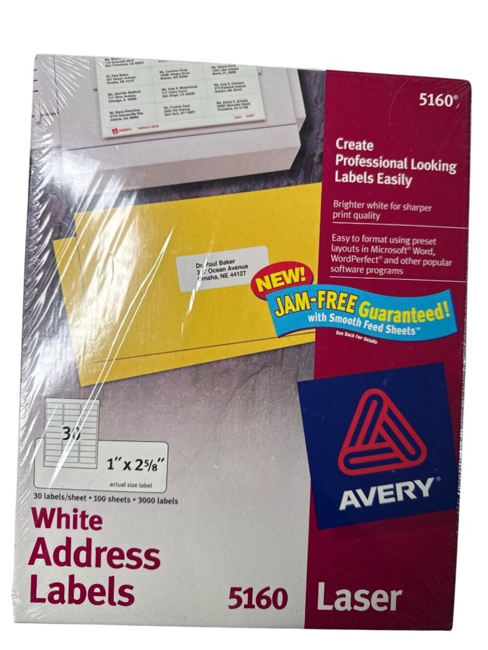 Avery White Address Labels 5160 100 Sheets 3000 Labels 1"x 2 5/8" Professional